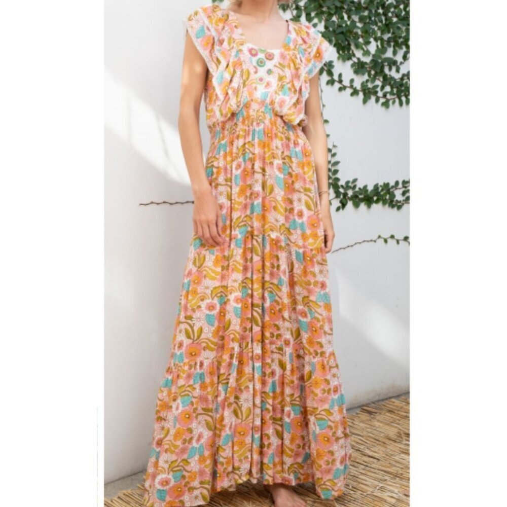 Barok Paris Kitsch & Pop Floral Maxi Dress Flowy Size L Nwt